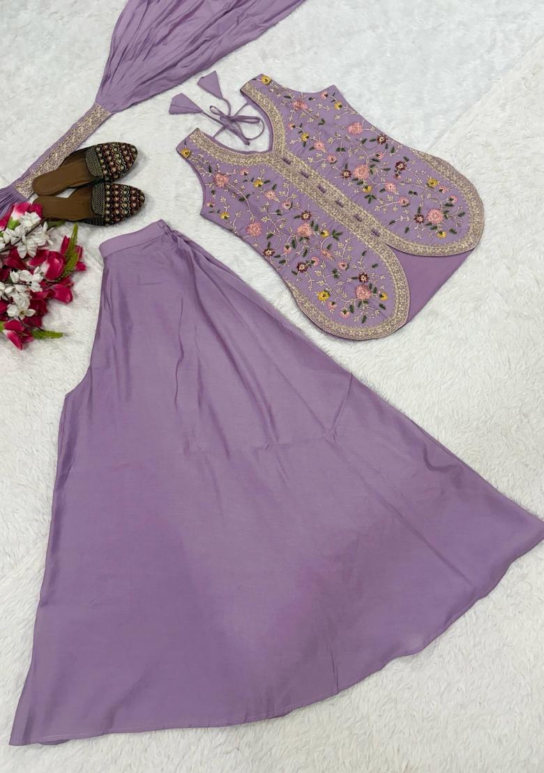 Lavender Embroidered Silk Sharara Set - Indya