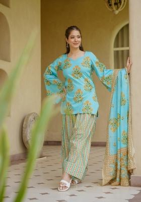 Sky Blue Embroidered Cotton Kurta Set
