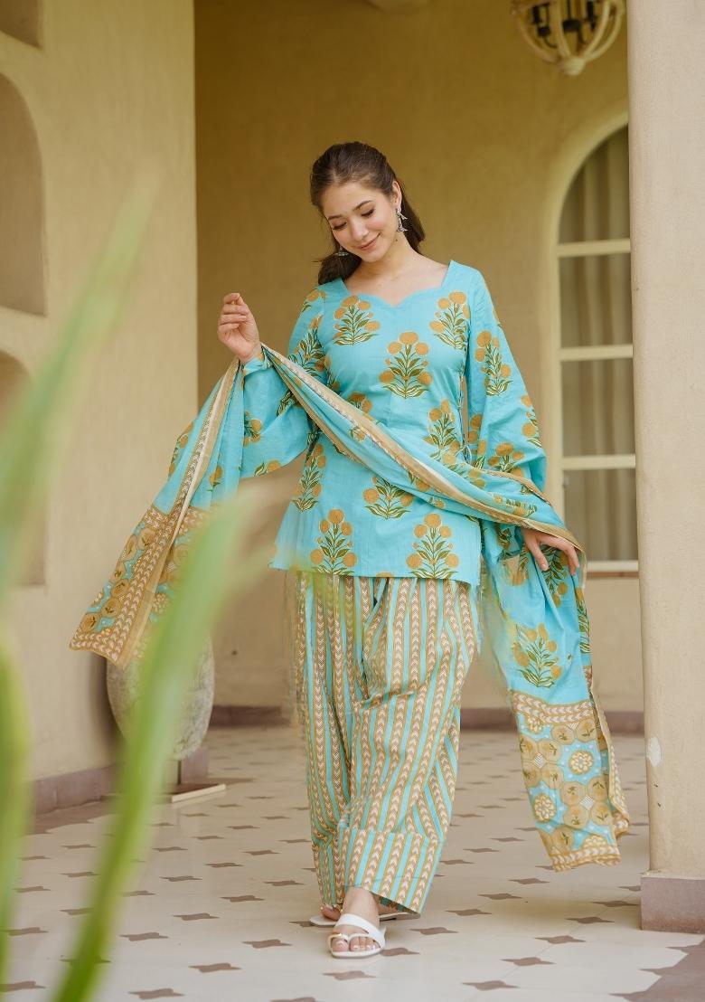 Sky Blue Embroidered Cotton Kurta Set - Indya