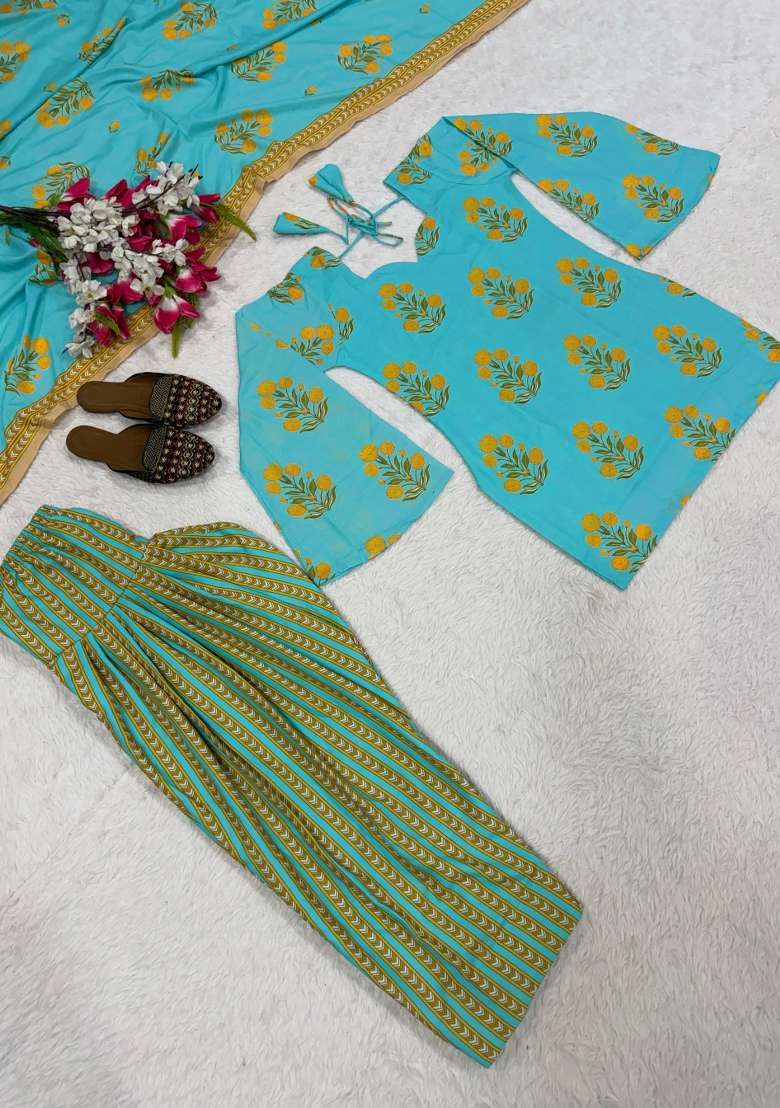 Sky Blue Embroidered Cotton Kurta Set - Indya
