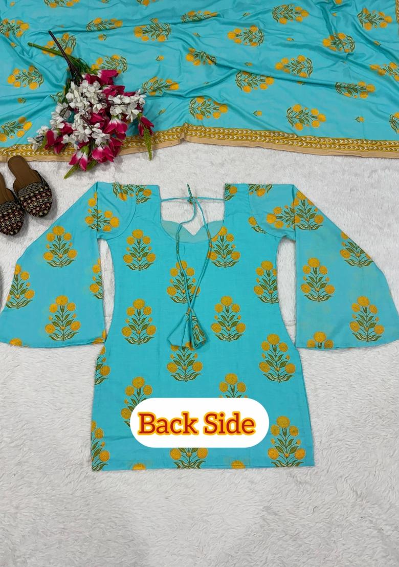 Sky Blue Embroidered Cotton Kurta Set - Indya