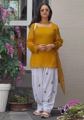 Yellow Embroidered Cotton Kurta Set