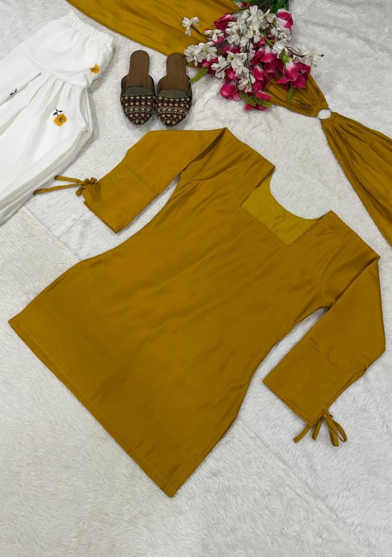 Yellow Embroidered Cotton Kurta Set - Indya