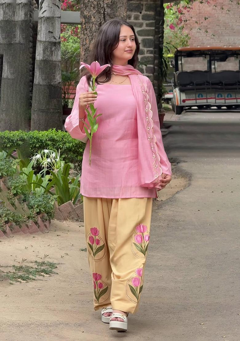 Pink Embroidered Silk Kurta Set - Indya