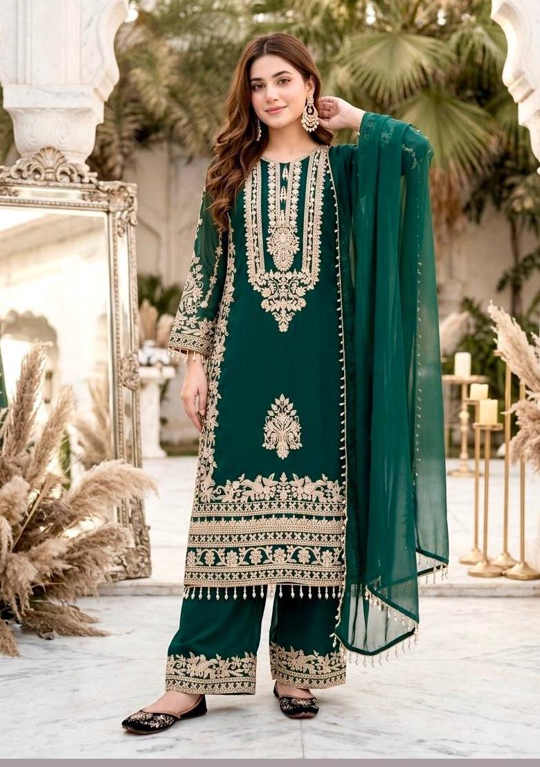 Green Embroidered Georgette Kurta Set - Indya