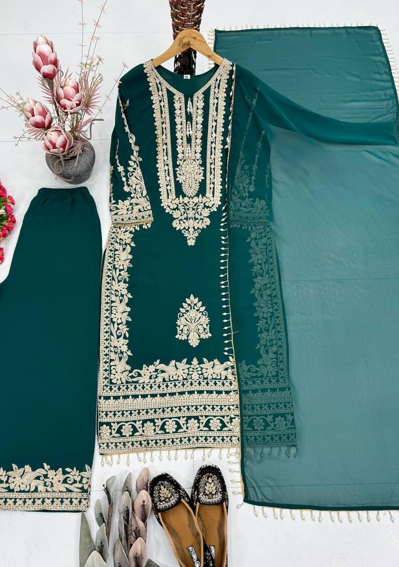 Green Embroidered Georgette Kurta Set - Indya