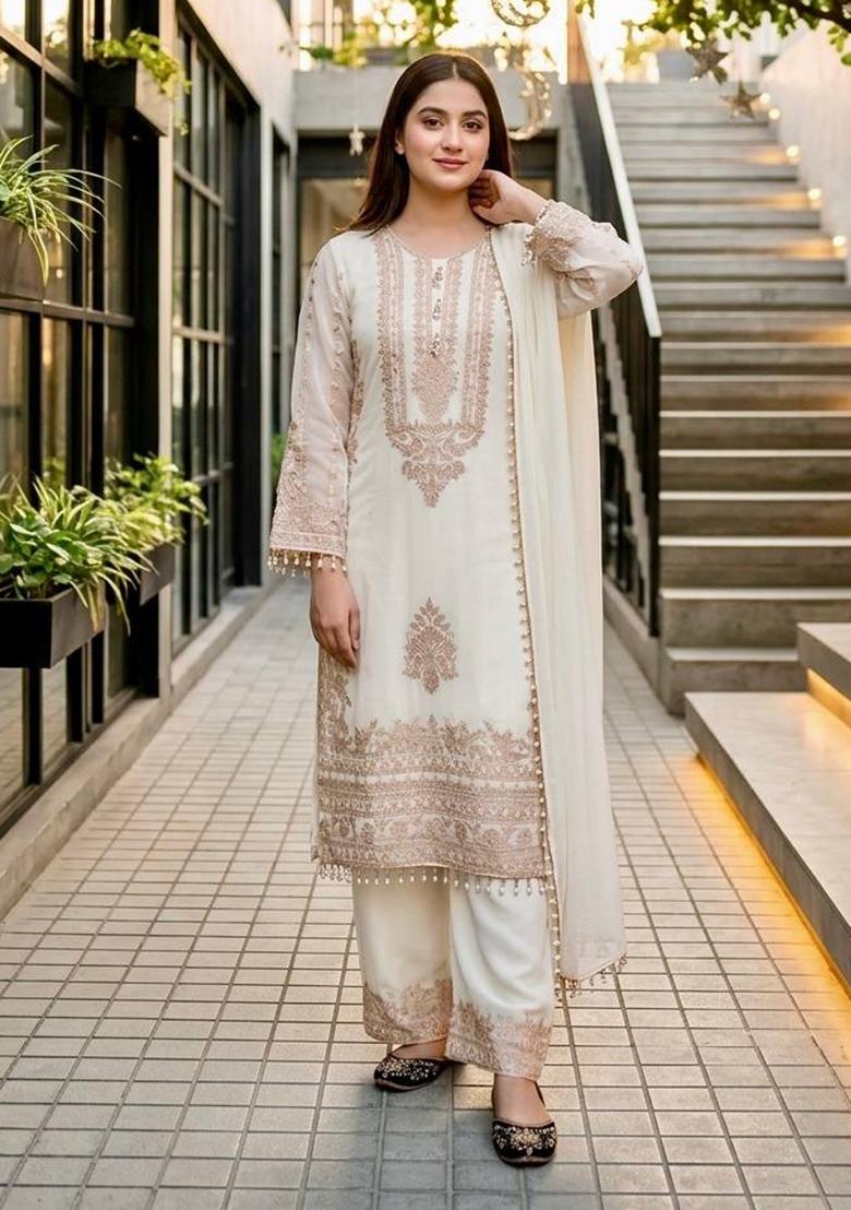 White Embroidered Georgette Kurta Set - Indya