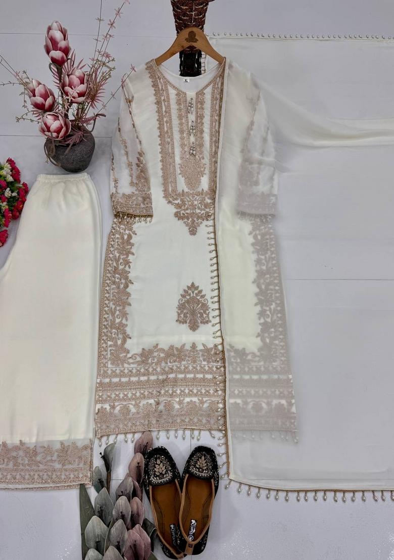 White Embroidered Georgette Kurta Set - Indya
