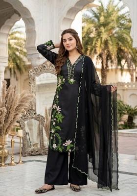 Black Embroidered Silk Kurta Set