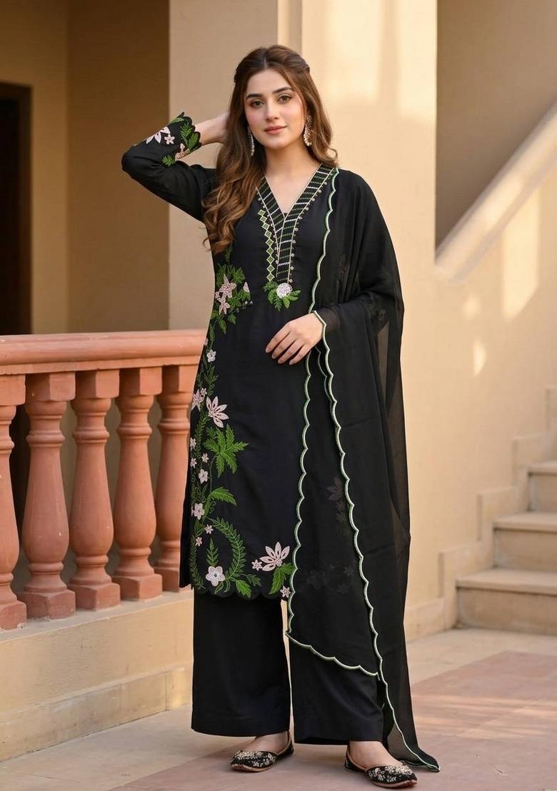 Black Embroidered Silk Kurta Set - Indya