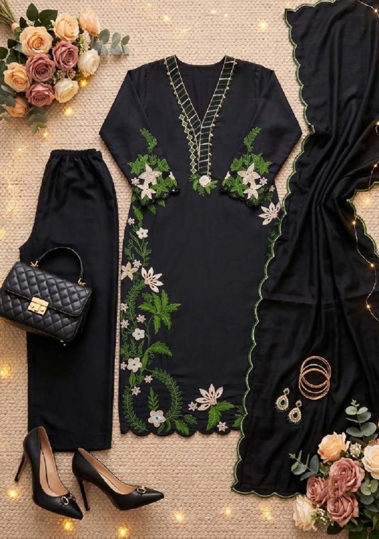 Black Embroidered Silk Kurta Set - Indya