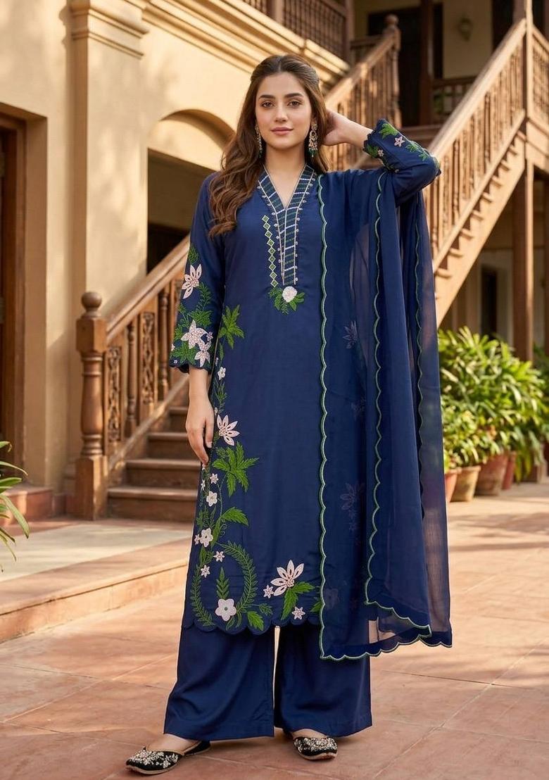 Blue Embroidered Silk Kurta Set - Indya