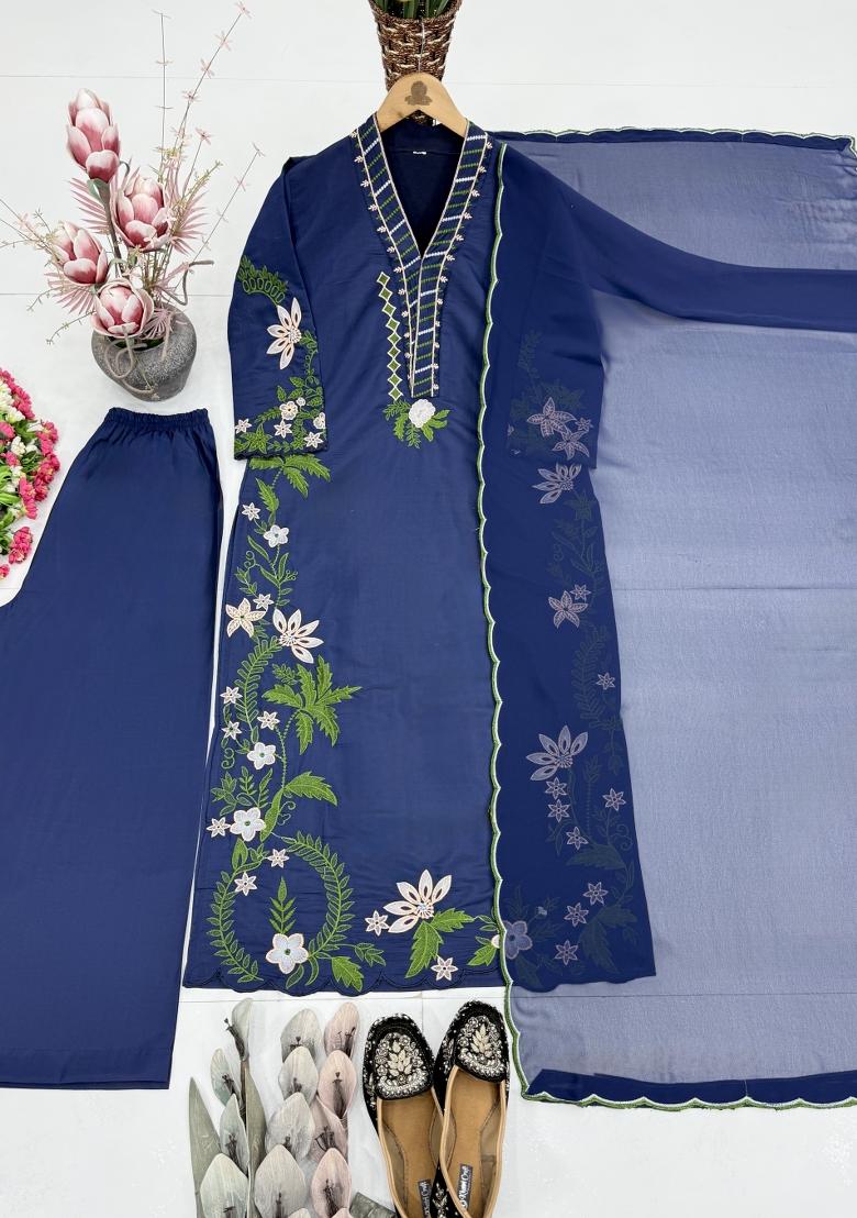 Blue Embroidered Silk Kurta Set - Indya