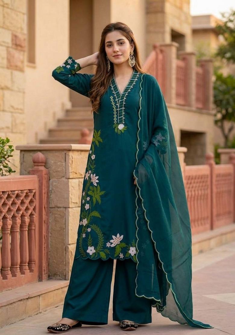 Green Embroidered Silk Kurta Set - Indya