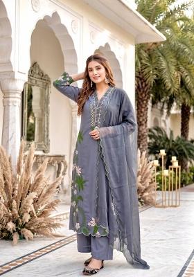 Grey Embroidered Silk Kurta Set