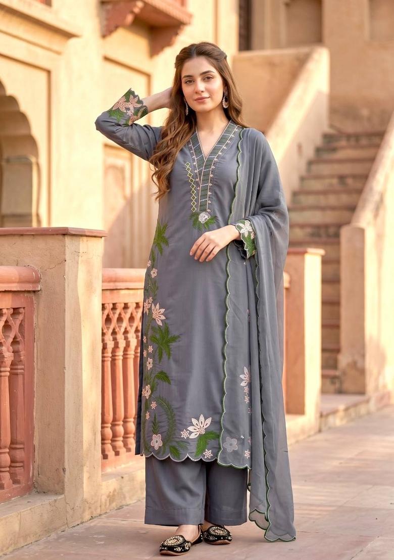 Grey Embroidered Silk Kurta Set - Indya