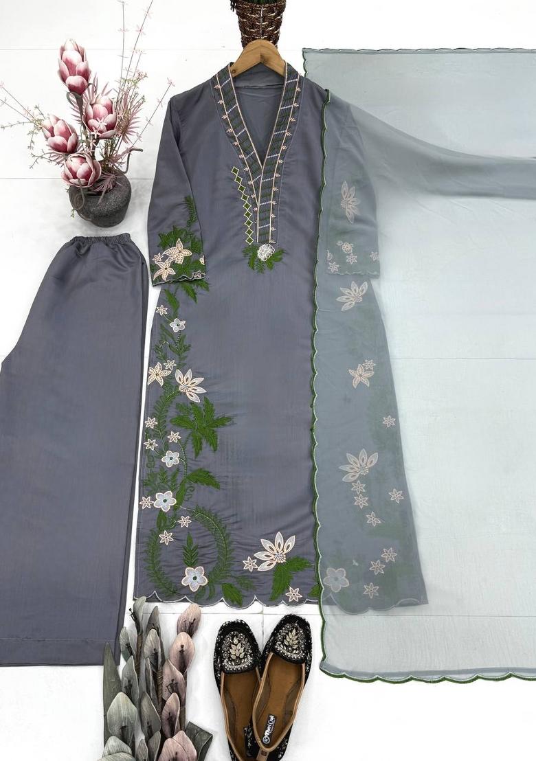 Grey Embroidered Silk Kurta Set - Indya