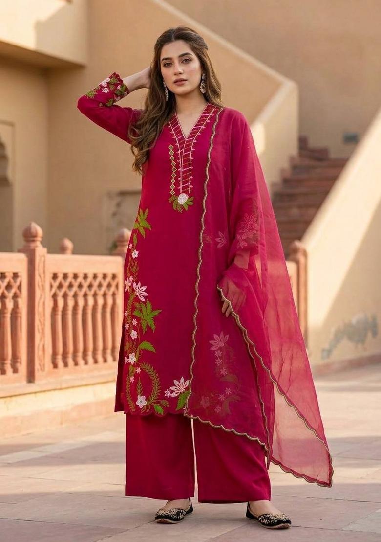 Red Embroidered Silk Kurta Set - Indya
