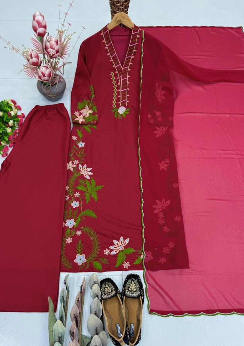 Red Embroidered Silk Kurta Set - Indya