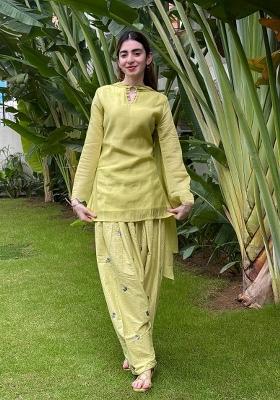 Pista Embroidered Cotton Kurta Set