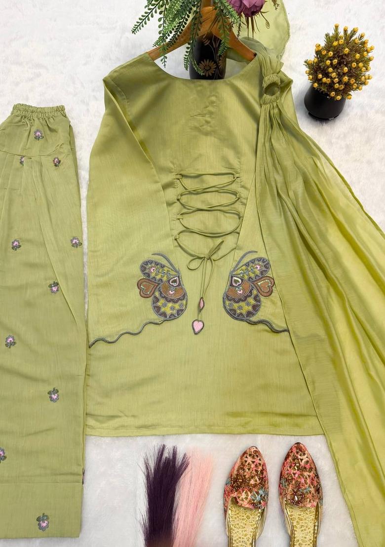 Pista Embroidered Cotton Kurta Set - Indya