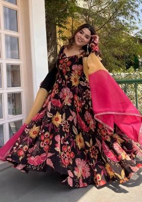 Black Embroidered Silk Anarkali Set