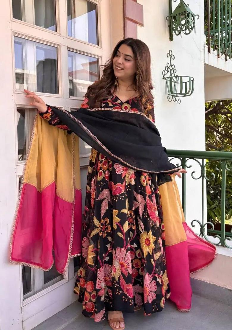 Black Embroidered Silk Anarkali Set - Indya