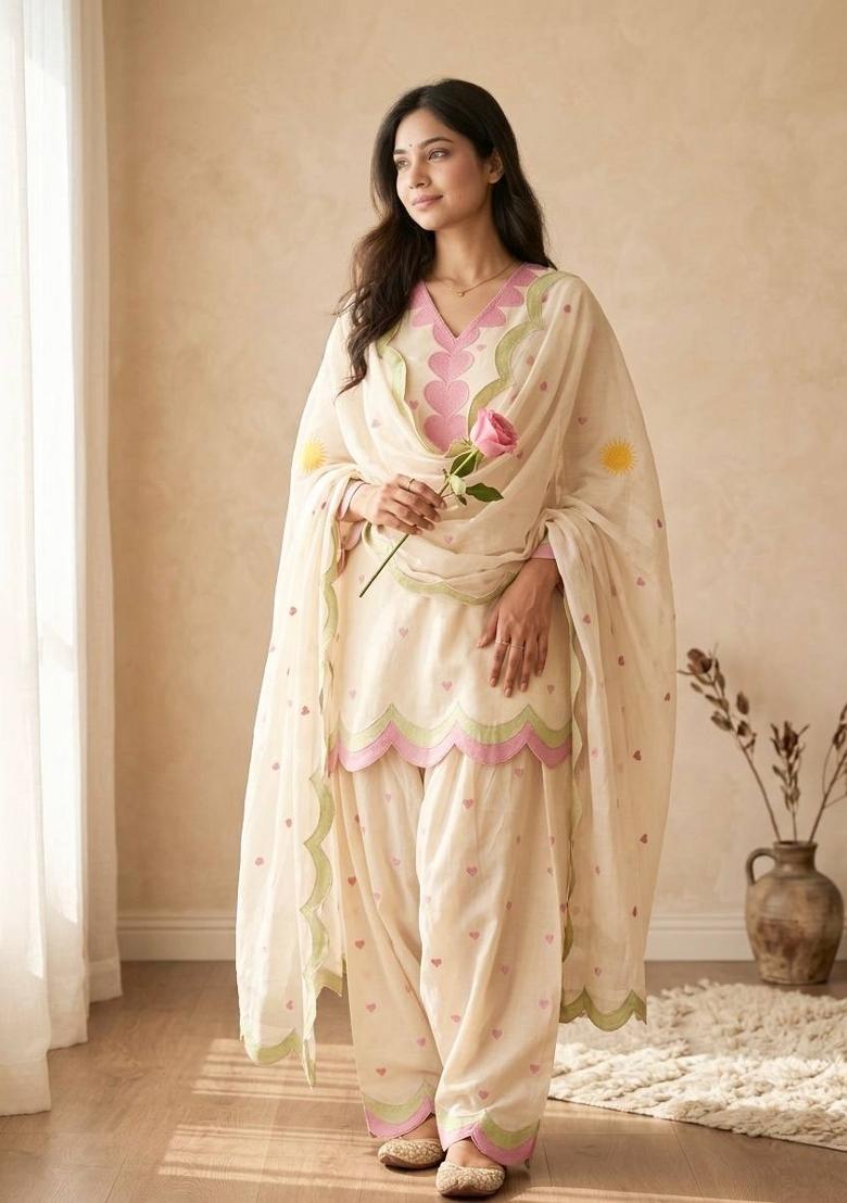 White Embroidered Cotton Kurta Set - Indya