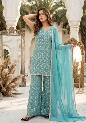 Sky Blue Embroidered Georgette Kurta Set