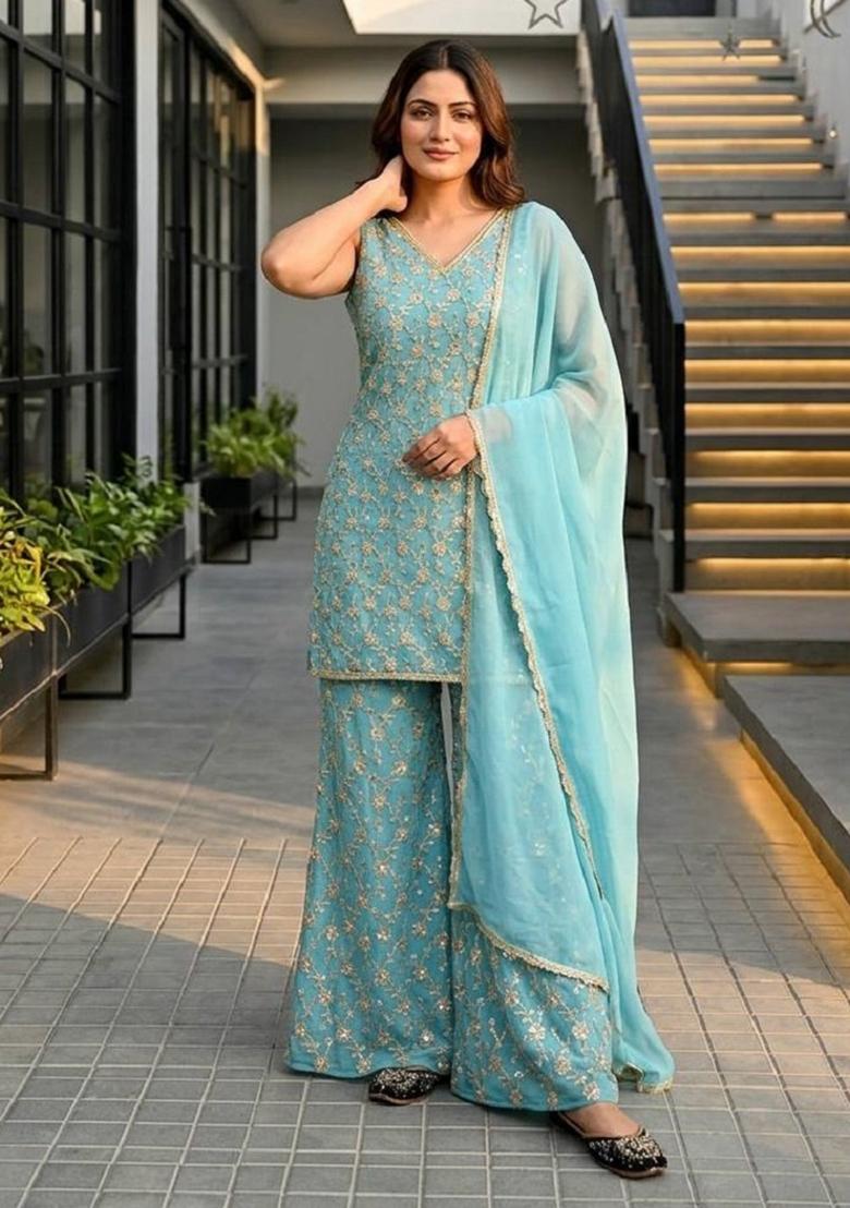 Sky Blue Embroidered Georgette Kurta Set - Indya