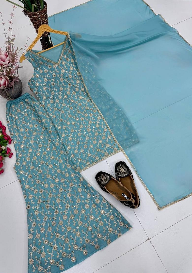 Sky Blue Embroidered Georgette Kurta Set - Indya