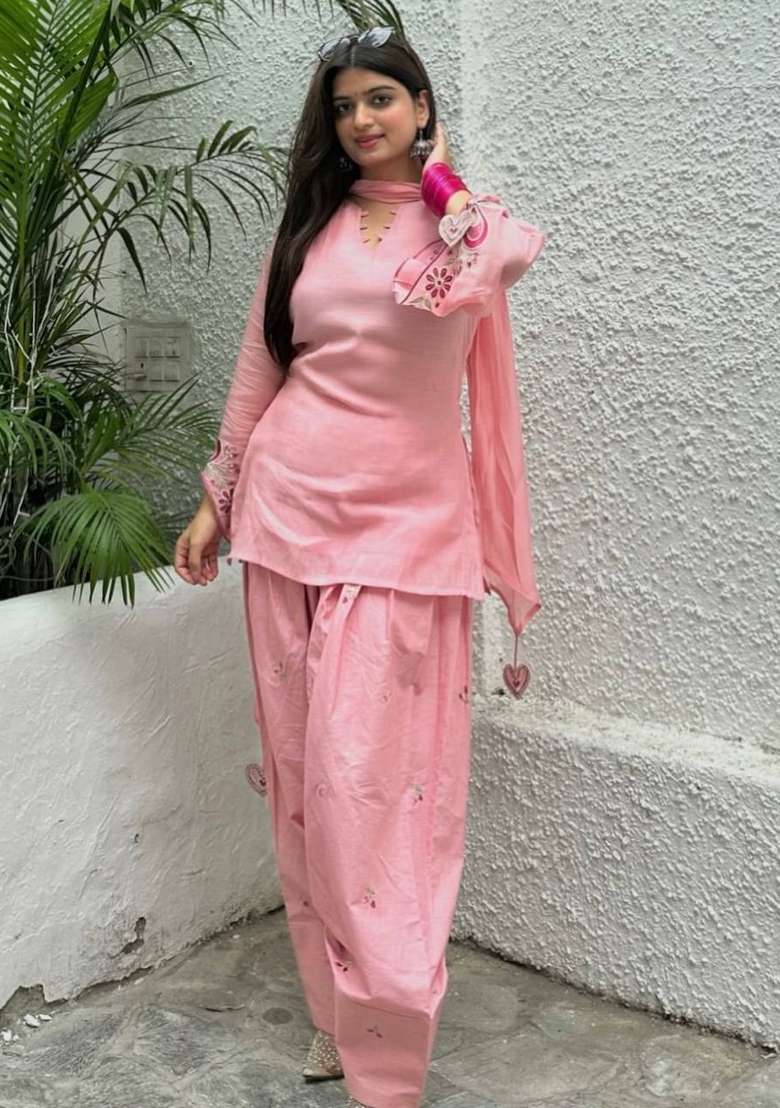 Pink Embroidered Cotton Kurta Set - Indya
