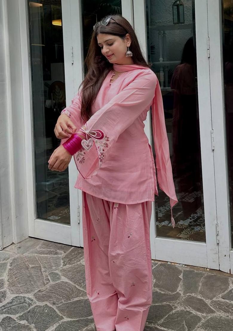 Pink Embroidered Cotton Kurta Set - Indya