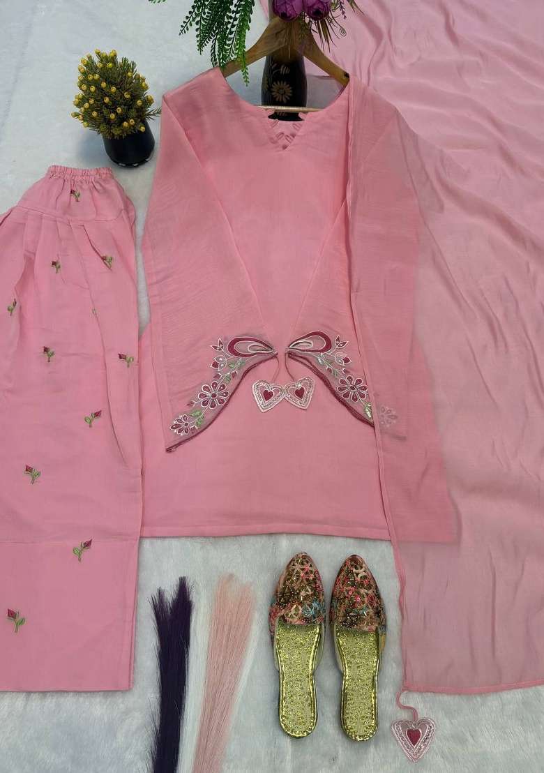Pink Embroidered Cotton Kurta Set - Indya