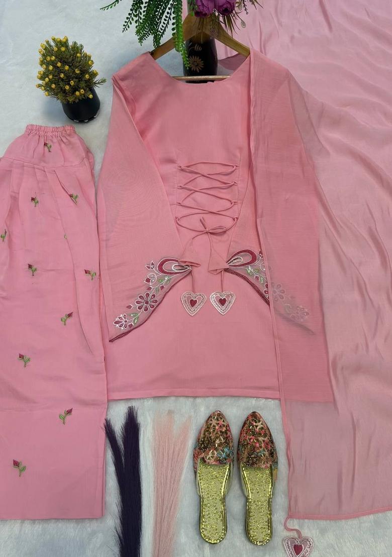 Pink Embroidered Cotton Kurta Set - Indya