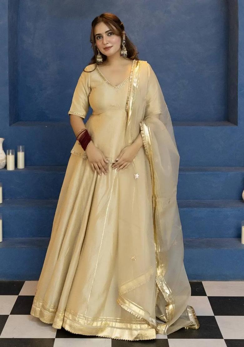 Cream Embroidered Silk Kurta Set - Indya