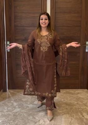 Coffee Embroidered Silk Kurta Set