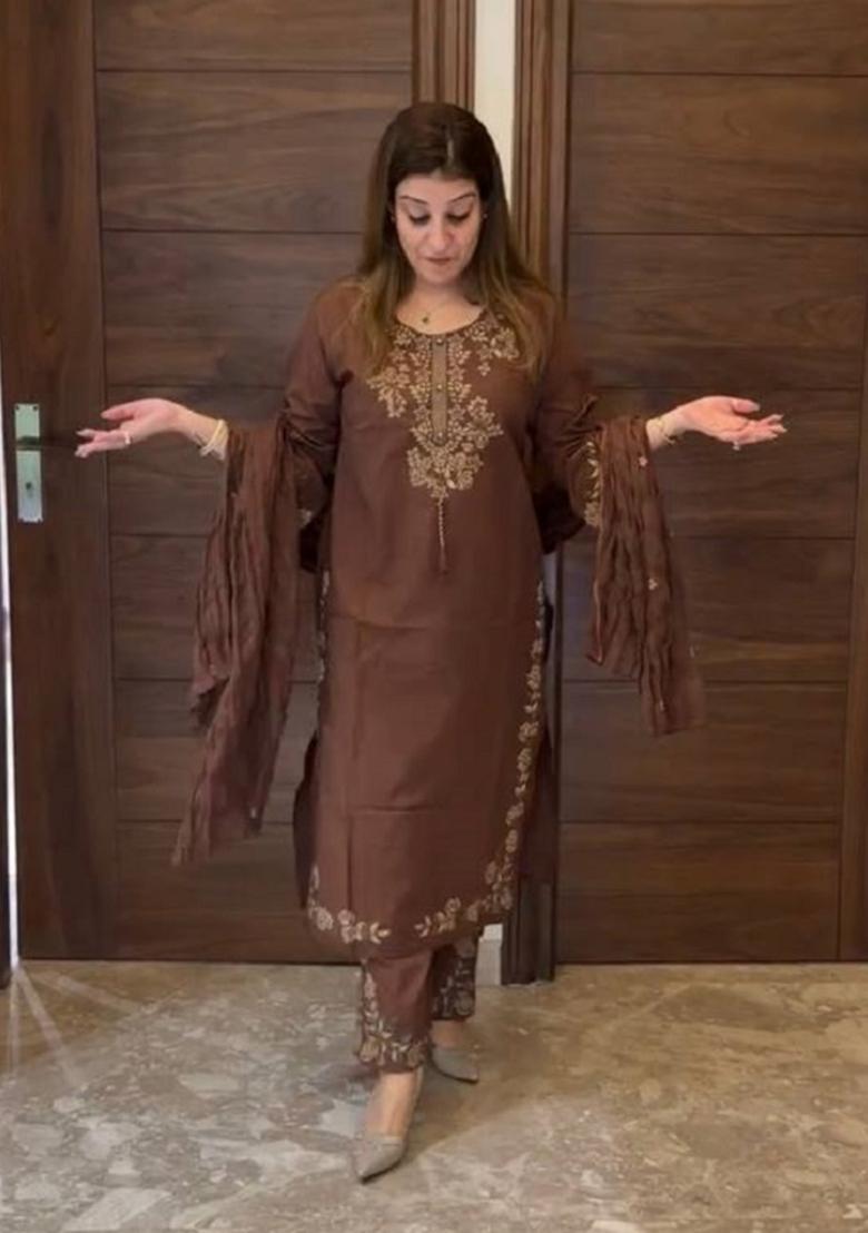 Coffee Embroidered Silk Kurta Set - Indya