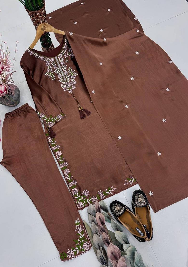 Coffee Embroidered Silk Kurta Set - Indya