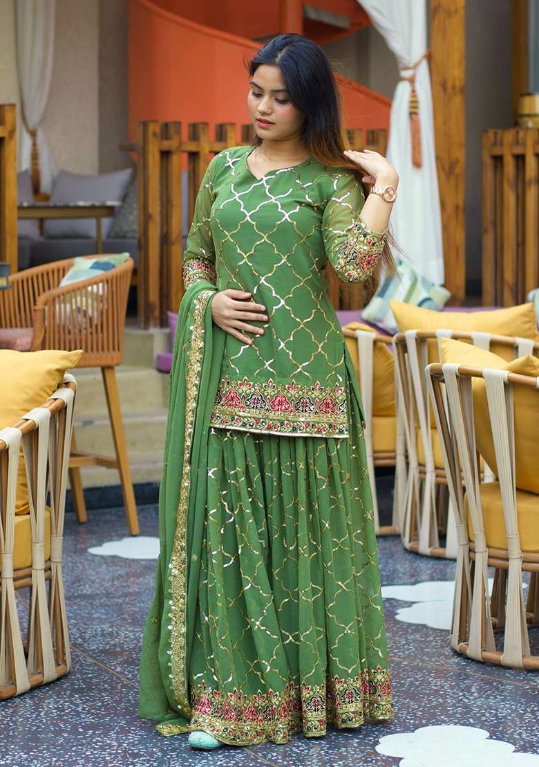 Green Embroidered Silk Sharara Set - Indya