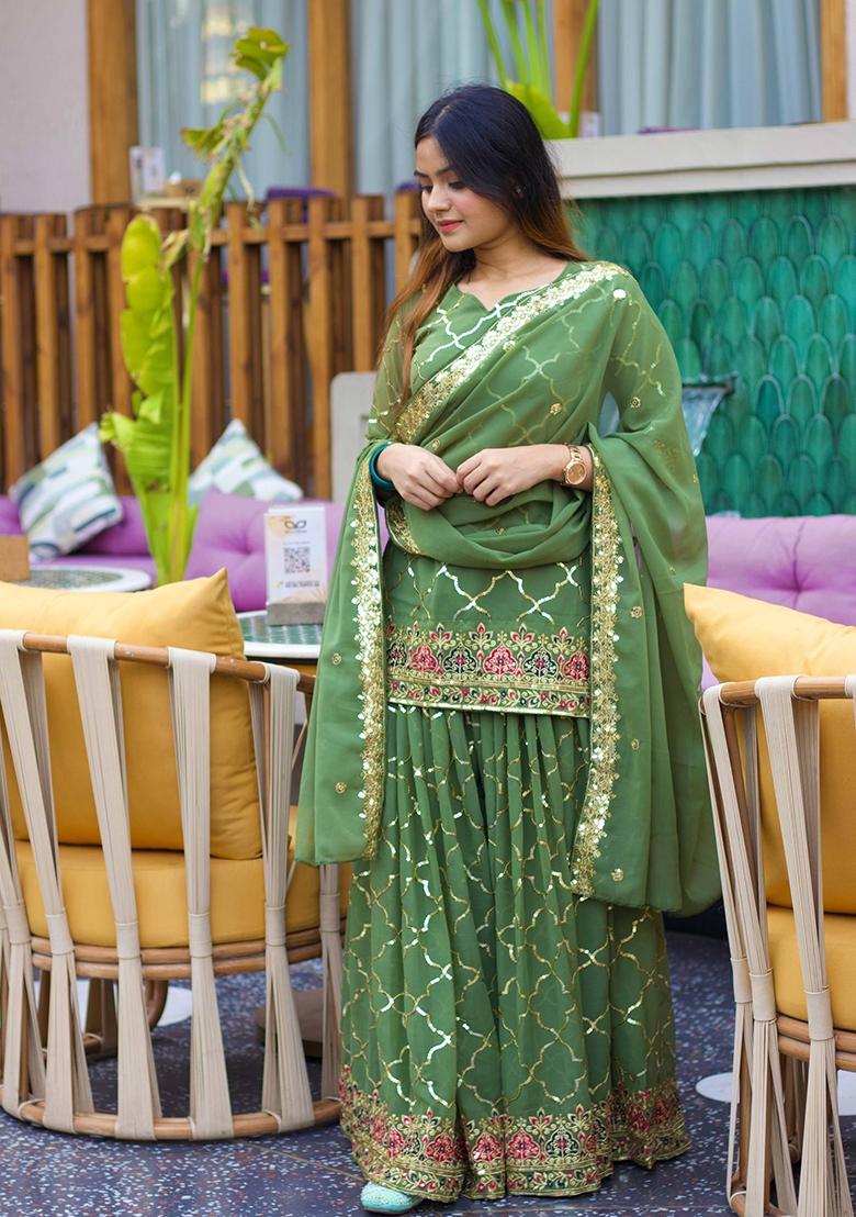 Green Embroidered Silk Sharara Set - Indya