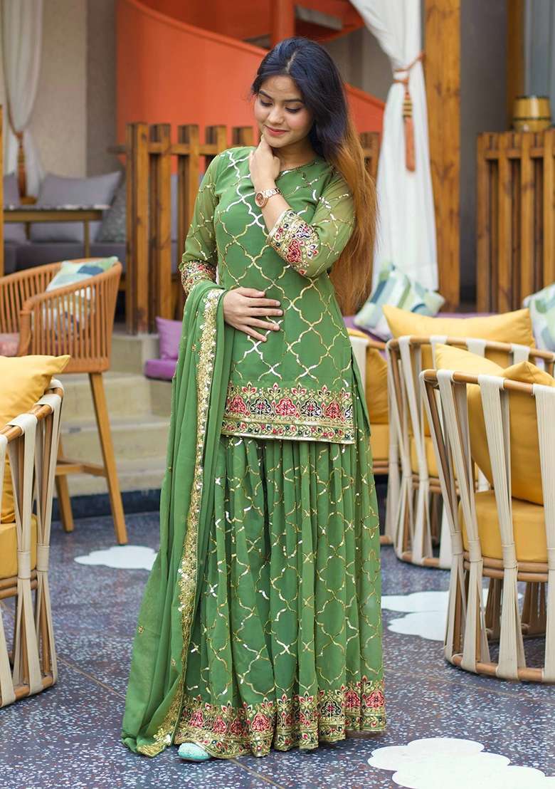 Green Embroidered Silk Sharara Set - Indya