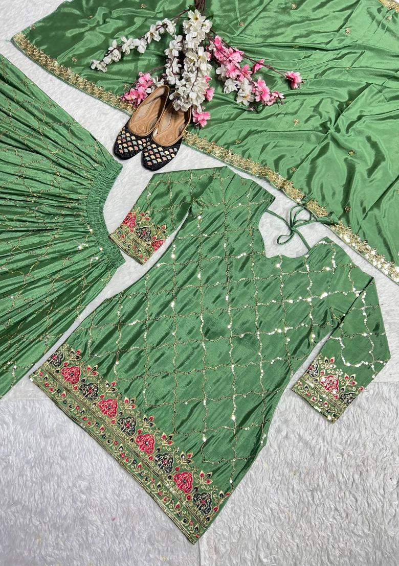 Green Embroidered Silk Sharara Set - Indya