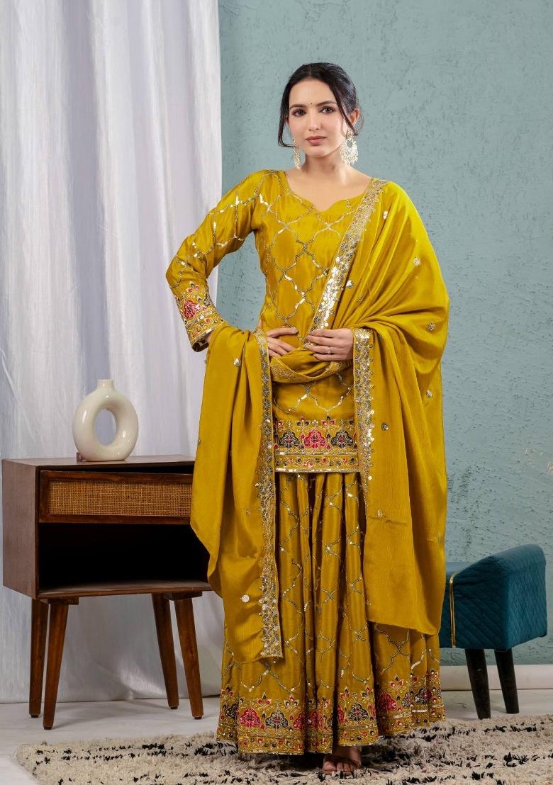 Yellow Embroidered Silk Sharara Set - Indya