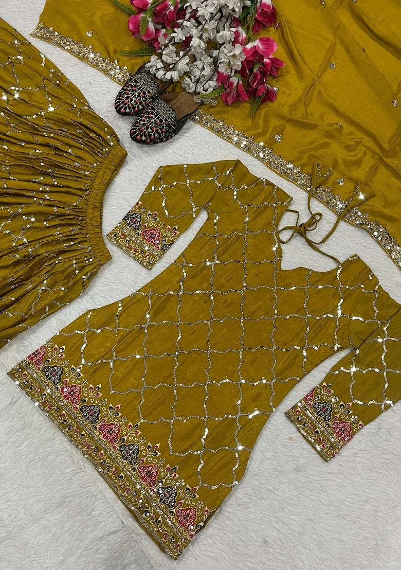 Yellow Embroidered Silk Sharara Set - Indya