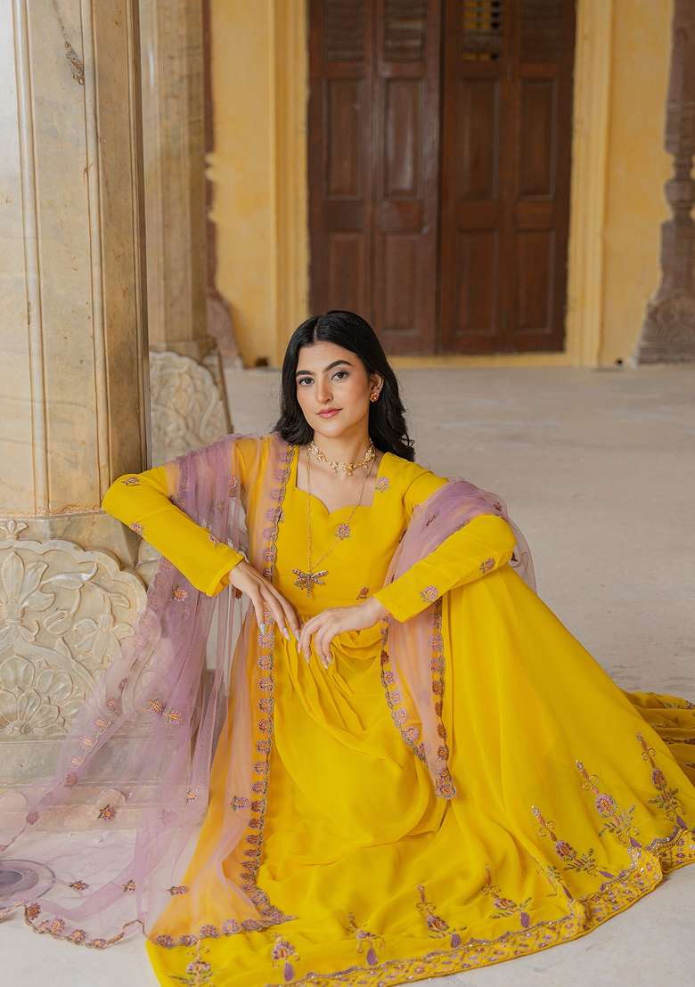 Yellow Embroidered Georgette Gown Set - Indya