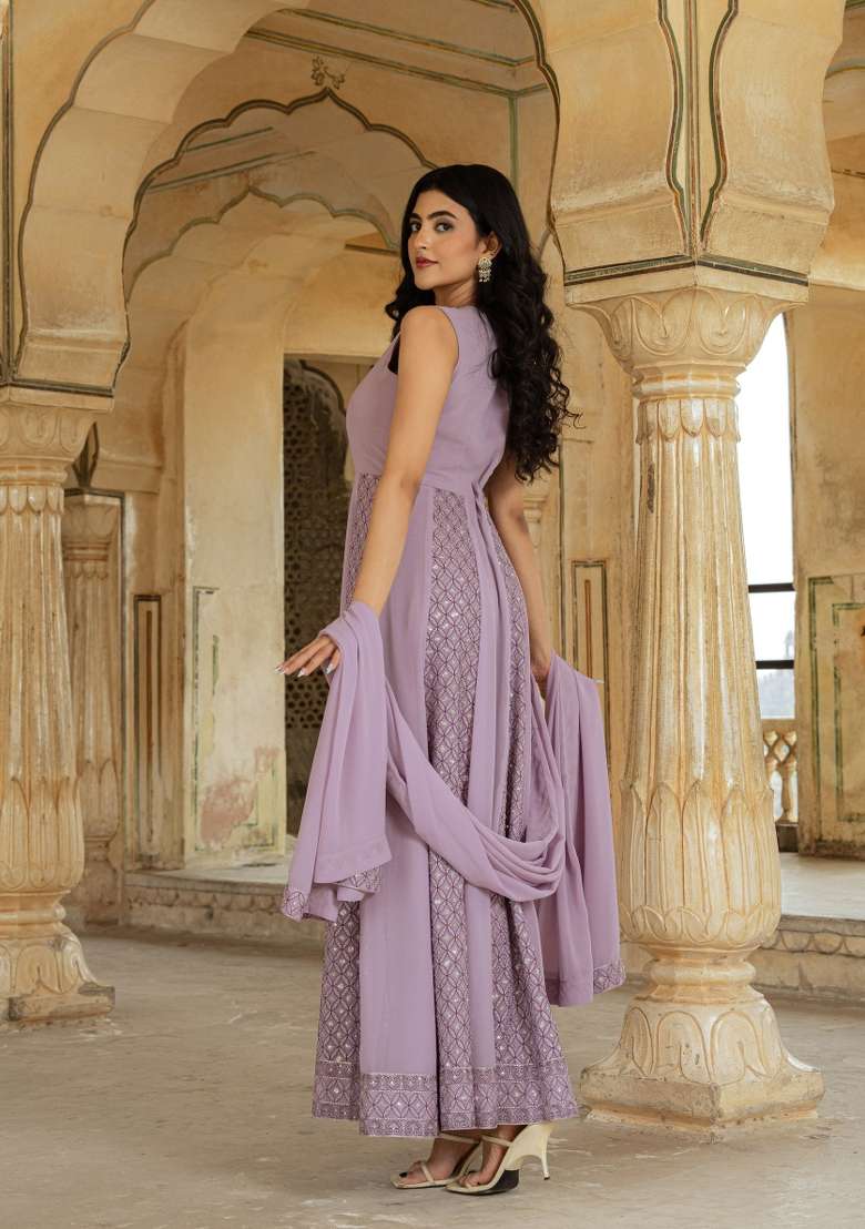 Lavender Embroidered Georgette Gown Set - Indya