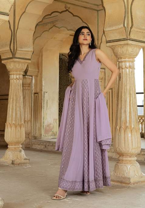 Lavender Embroidered Georgette Gown Set