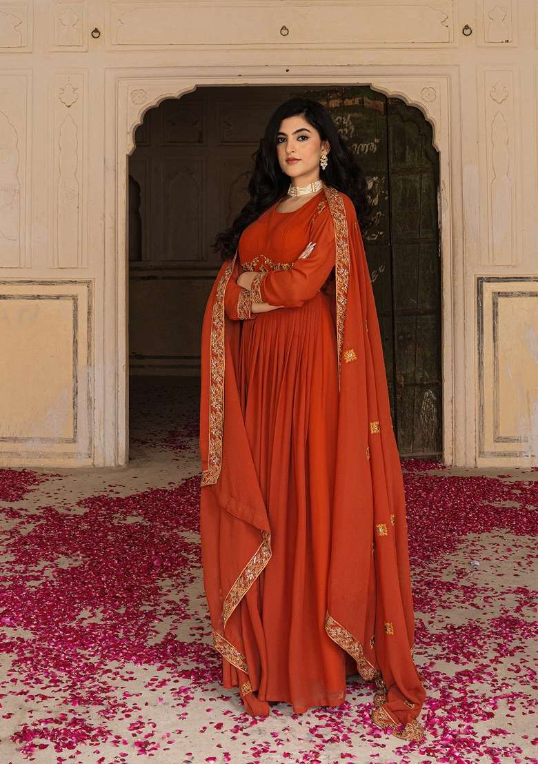 Rust Embroidered Georgette Gown Set - Indya