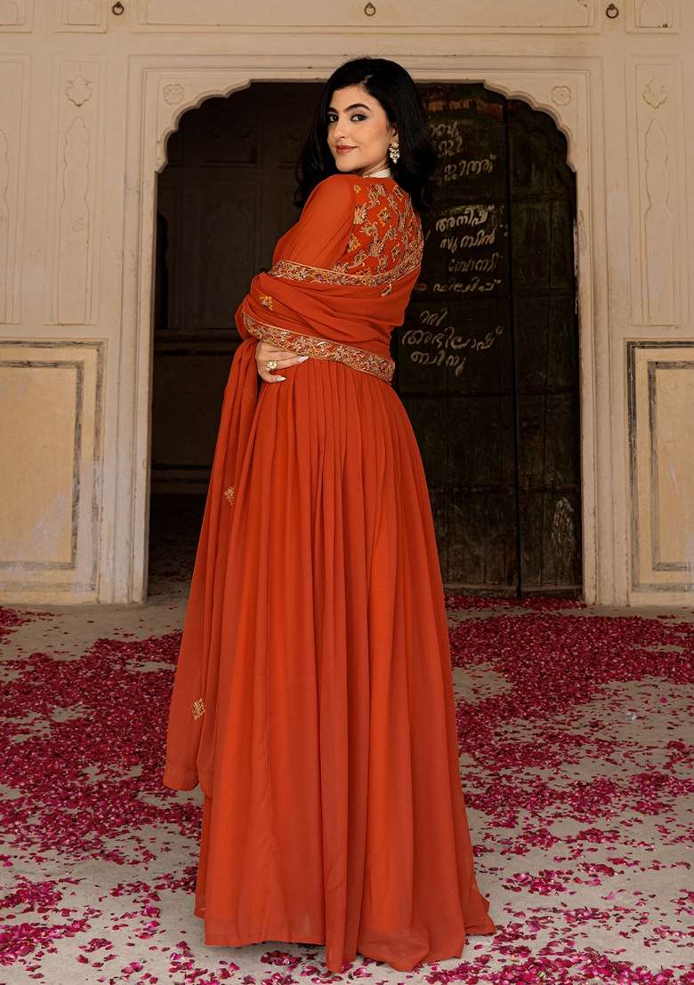 Rust Embroidered Georgette Gown Set - Indya